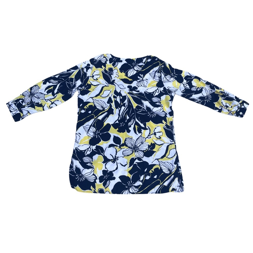 Chaps Woman's Floral V-Neck Tunic Blouse - Navy Blue, White & Yellow. Size S - Picture 3 of 6